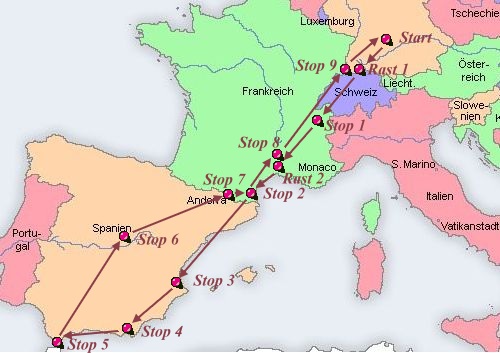 Karte für Urlaub 2009 Strecke